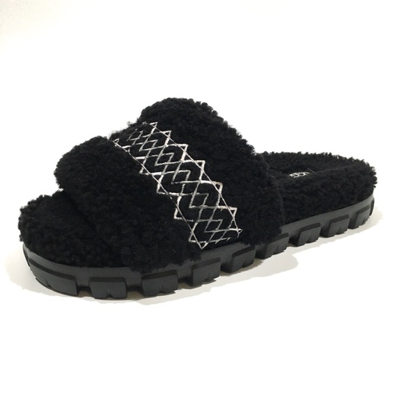 UGG COZETTA UGG BRAID SLIDE SLIPPERS -BLACK CURLY SHEEPSKIN -WOMEN’S US 8 -NEW - Picture 1 of 8
